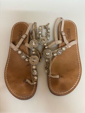 Neutral Bejeweled T-Strap Sandals - Beige